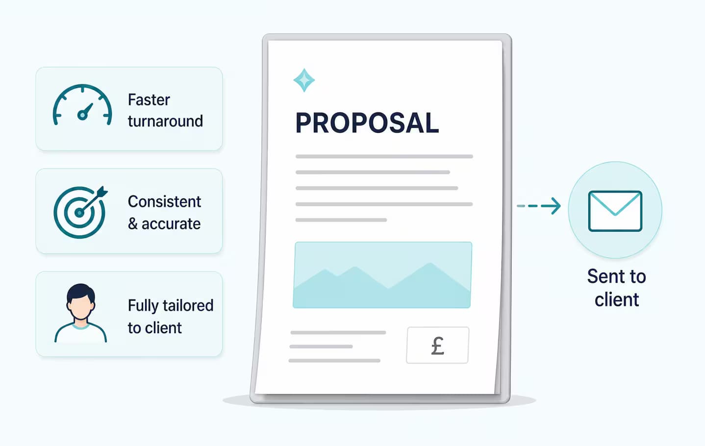 A polished proposal with faster turnaround, consistency, tailored client context, and send-to-client indicators.