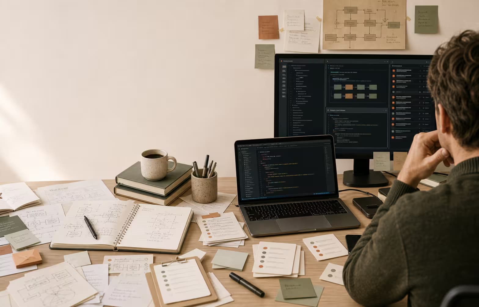 A developer workspace with setup notes, code screens, release cards, and scattered engineering workflow documents.