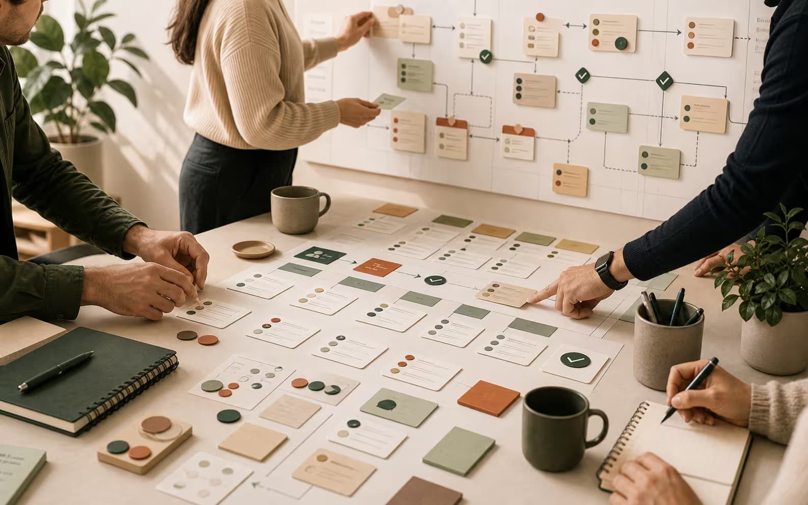 A collaborative workshop table with people mapping engineering blockers, workflow cards, and review checkpoints.