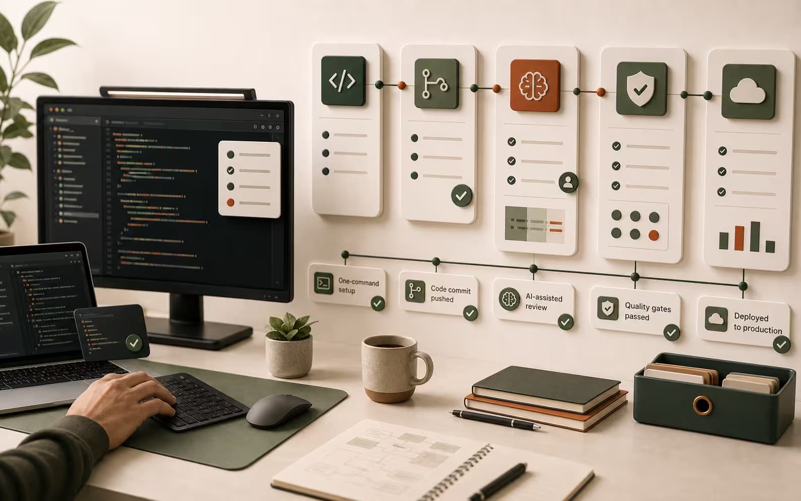 A clean engineering workstation with source code, automation cards, review checks, and deployment pipeline steps.
