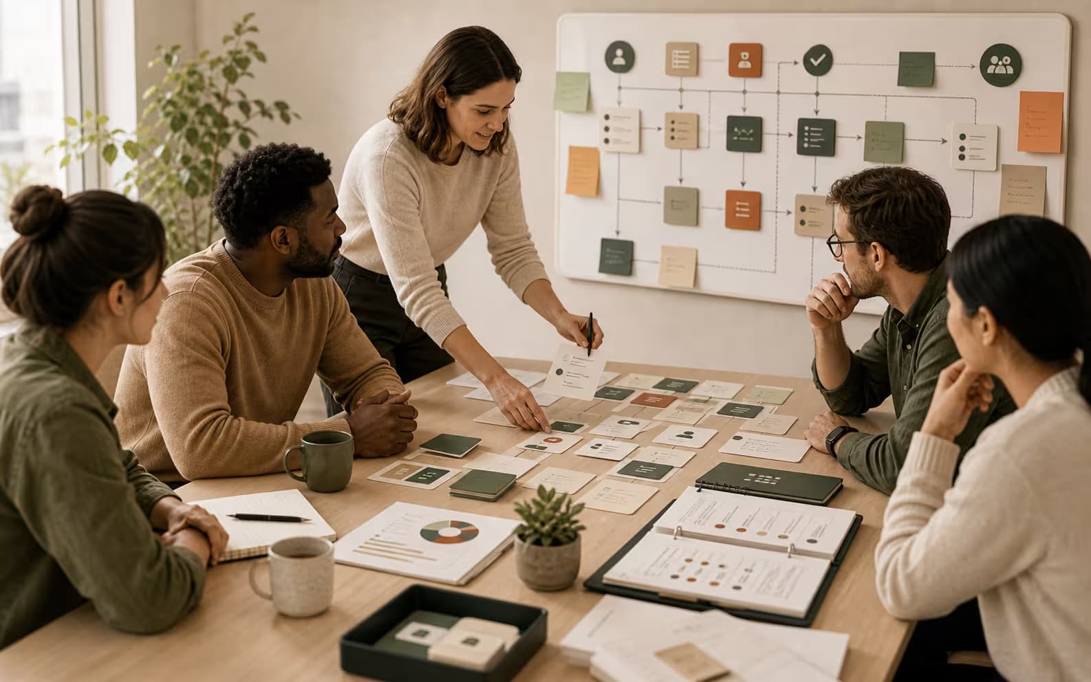 A team workshop where people review workflow cards, documentation, and delivery process changes.