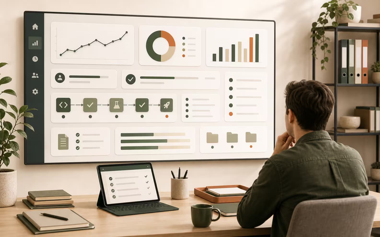 A calm engineering dashboard showing workflow health, release pipeline progress, and delivery metrics.