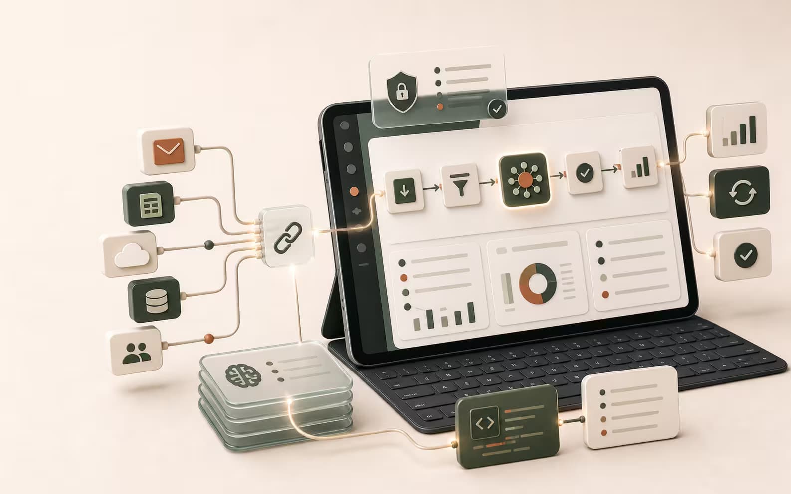 Business tools, dashboards, connectors, and knowledge blocks linked into an AI integration workflow.