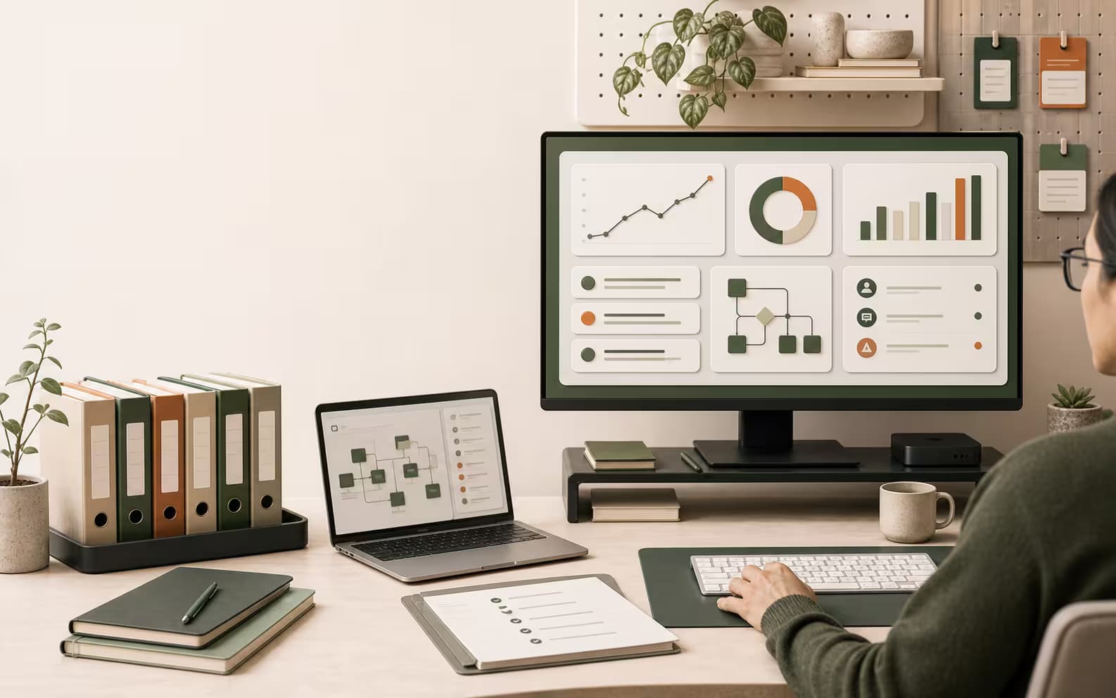 A support specialist monitoring workflow dashboards, documentation, updates, and optimisation signals.