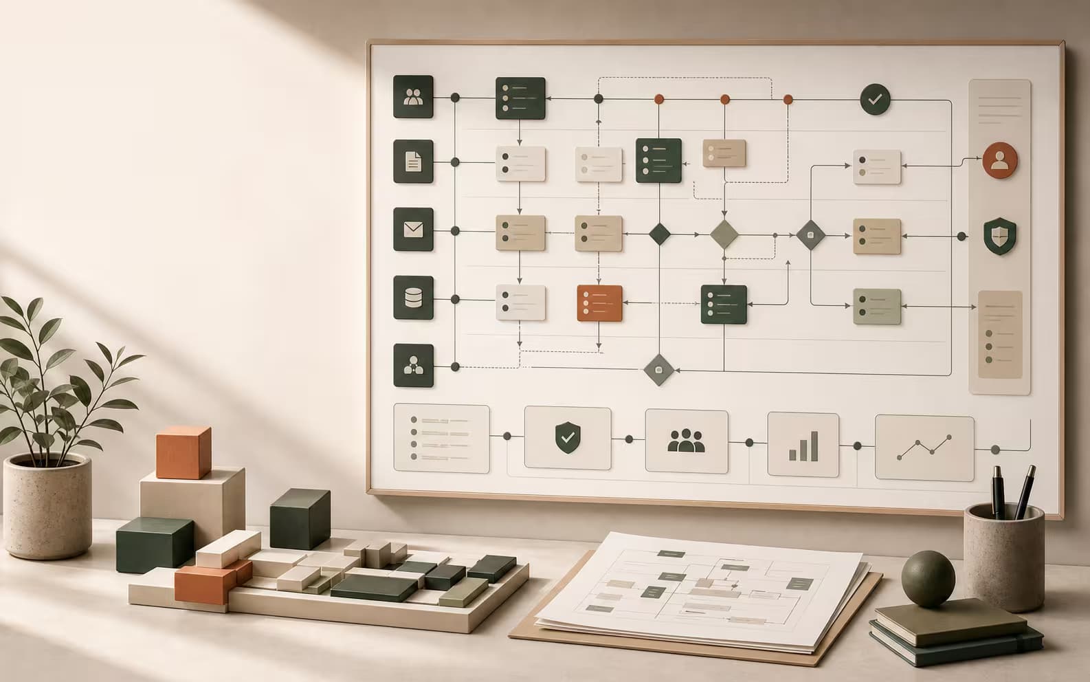 Operations blueprint showing workflow lanes, approval checkpoints, ownership markers, and reusable system blocks.