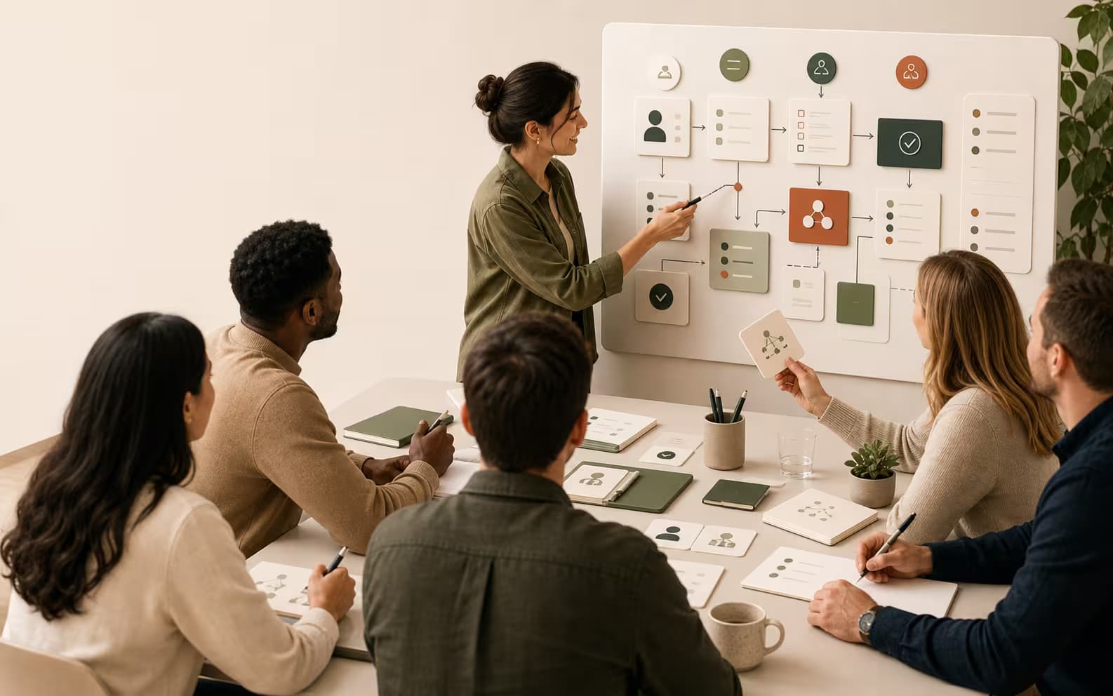 A team training session where people learn and discuss an AI-assisted workflow system.