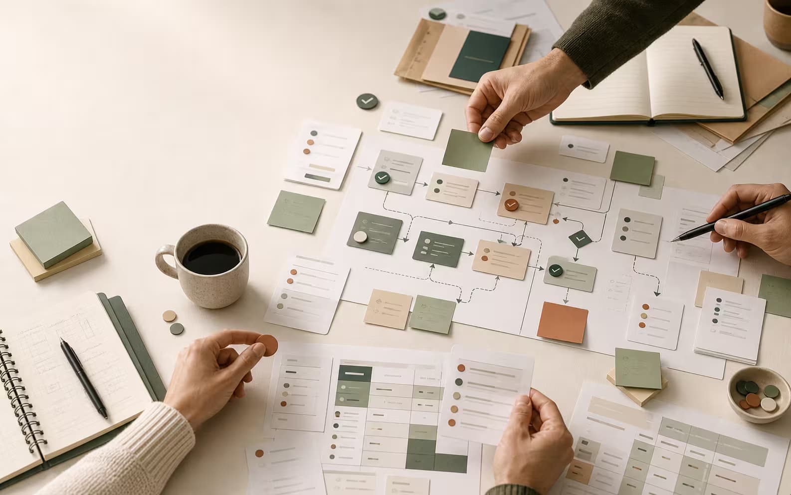 Human hands mapping admin tasks, approvals, and handoffs during an AI workflow audit.