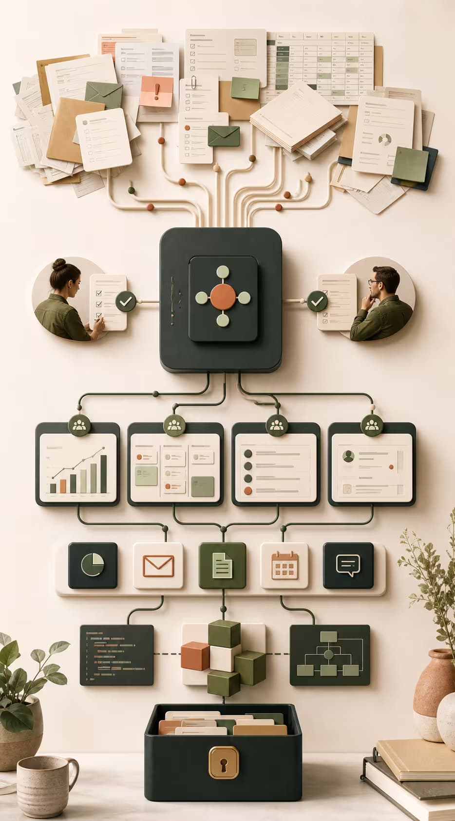 Messy admin and manual handoffs becoming a governed Synced workflow with faster delivery, human checks, and owned tools.