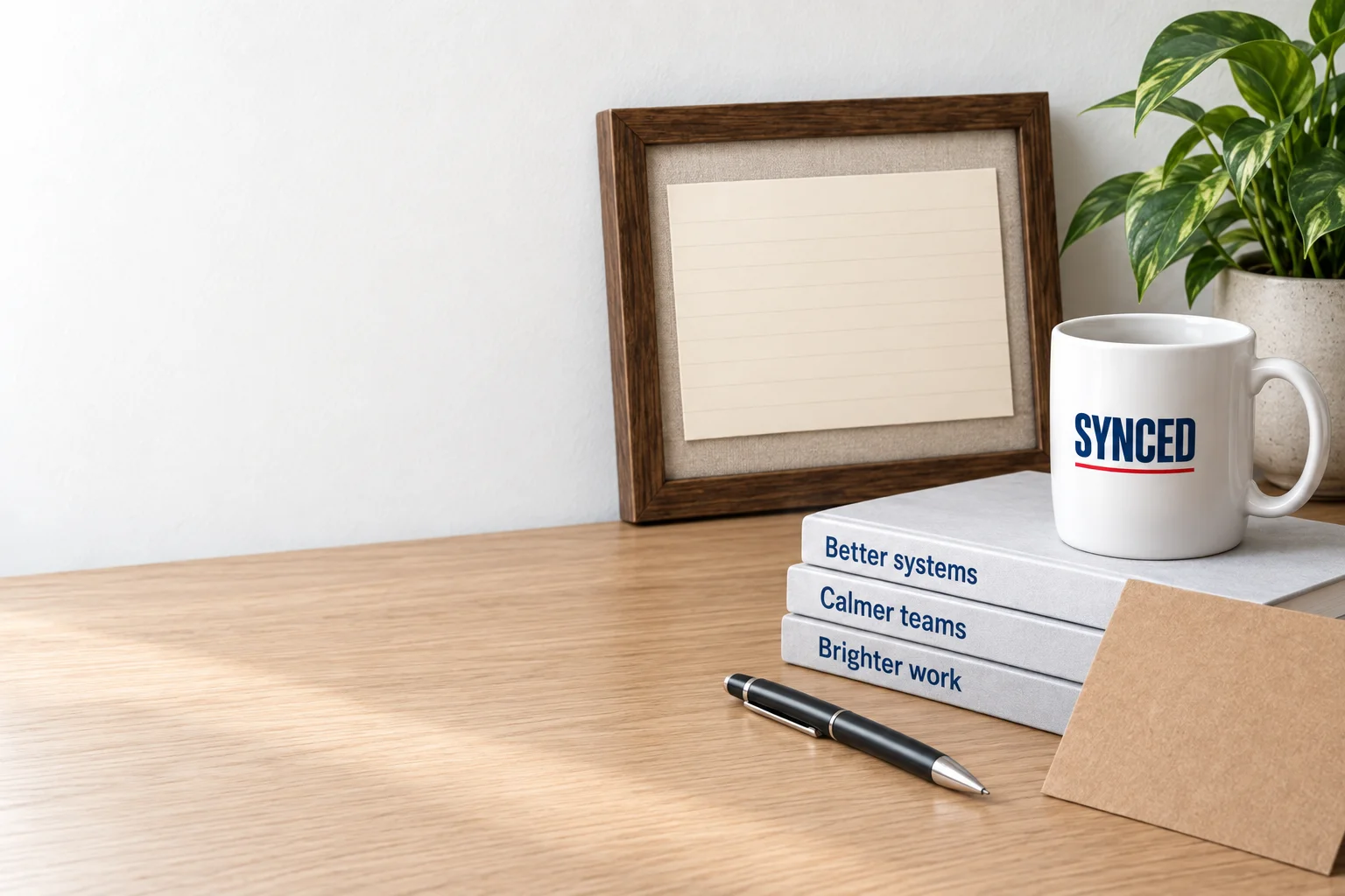A framed card, a mug and notebooks on an oak desk